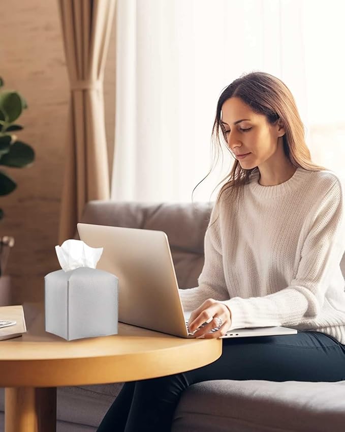 Tissues Cube Box Cover Leather – with Bottom Belt [JESMINI, Light Gray] Decorative Tissue Box Cover for Bathroom Vanity Countertop/Night Stands/Office Desk