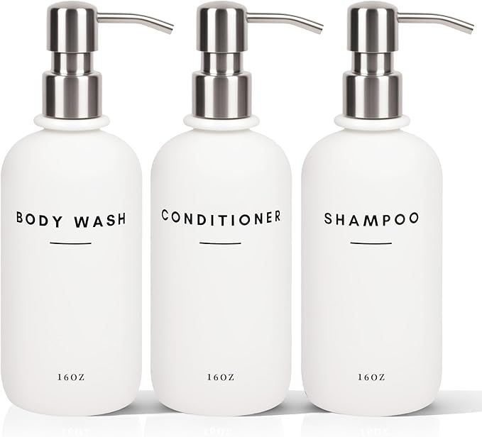 Set of 3 Shampoo and Conditioner Dispenser Stainless Steel Pump Head - 16oz Durable Shower Soap Dispenser and Shampoo Bottles - Easy to Refill Bathroom soap Dispenser Set Bathroom Decor with Labels