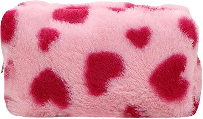 Makeup Bag Small Cosmetic Bags for Purse Women Girls Plush Simple Heart Make Up Pouch