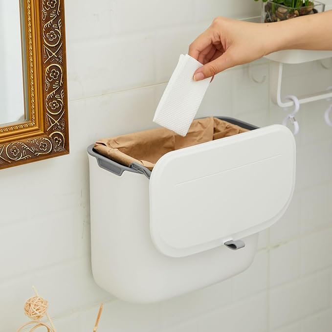 Tioncy 1 Pack Sanitary Napkin Disposal Receptacle with 50 Pcs Waxed Feminine Hygiene Bags Tampon and Pad Holder for Bathroom with Lid Kraft Paper Liner Bag Wall Hanging Trash Can Kitchen Compost Bin