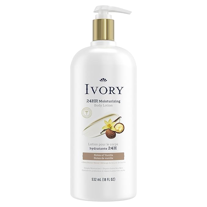 Ivory Hand & Body Lotion, 24hr Moisturizing, Repairs Extra Dry Skin, All Day Hydration, Lightweight Formula, Absorbs Instantly, Perfect for Daily Use, Shea Butter Blend, Vanilla Scent, 18 fl oz