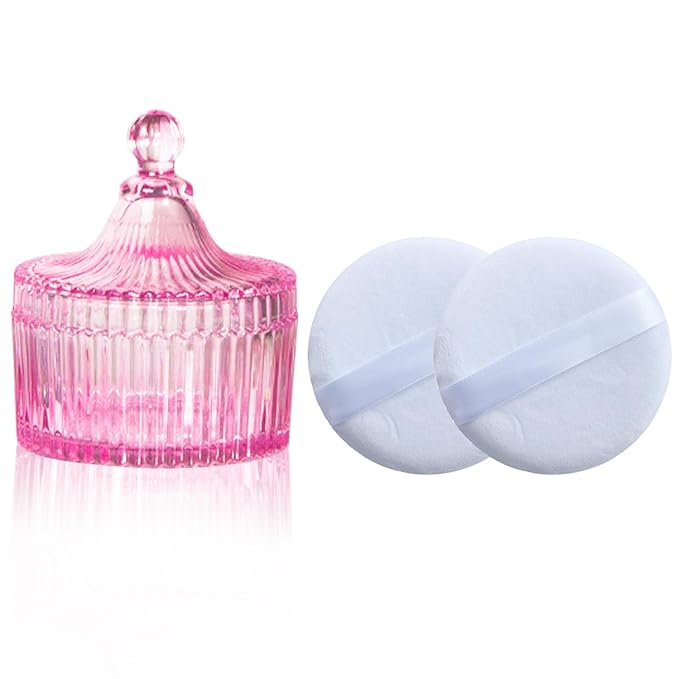 Body Powder Puff and Container, Glass Box for Dust Puff, Powder applicator with Case for Dusting Powder (Light Pink)