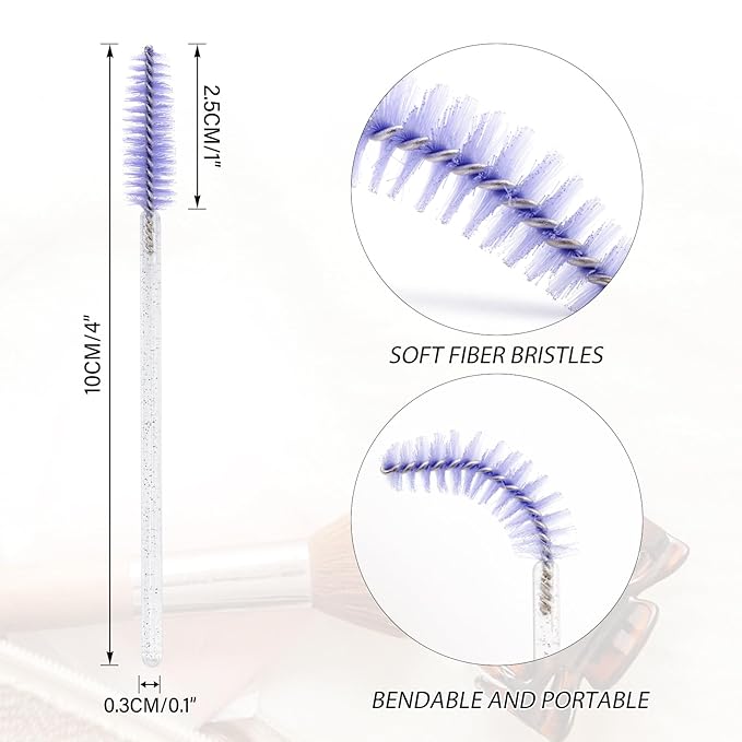 G2PLUS 300PCS Disposable Mascara Brushes, Crystal Lash Brush Makeup Kit, Adjustable Eyelash Spoolies for Eyelash Extensions, Eyebrow and Makeup (White + Purple)