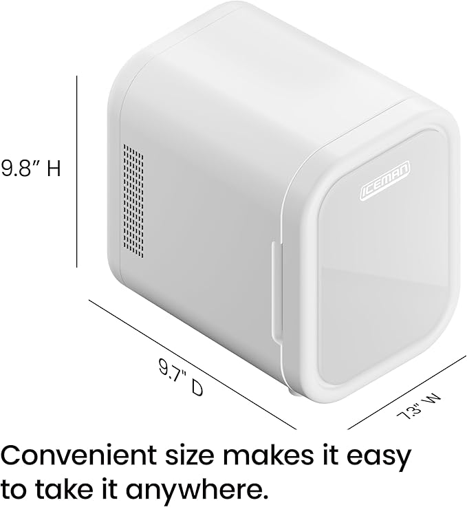 Iceman Portable Mini Fridge – Fits 6 x 12 oz Cans, Cooler and Heater Mini Fridge for Bedroom, Car, Office, Dorm and Skincare, AC/DC Car Plug-Compatible - White