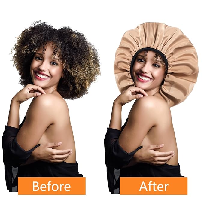 Auban Extra Large Shower Cap for Braids, Double-Layer Waterproof Reusable Satin Lining XL Shower Cap for Women Long Hair, Locs, perms (khaki)