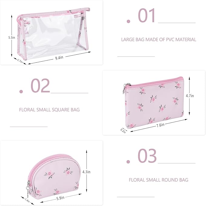 Richeart Makeup Bag, Clear Bag with Zipper, 3PC Floral Flowers Makeup Pouch, Waterproof Small Pouch, Portable Travel Toiletry Bag, A