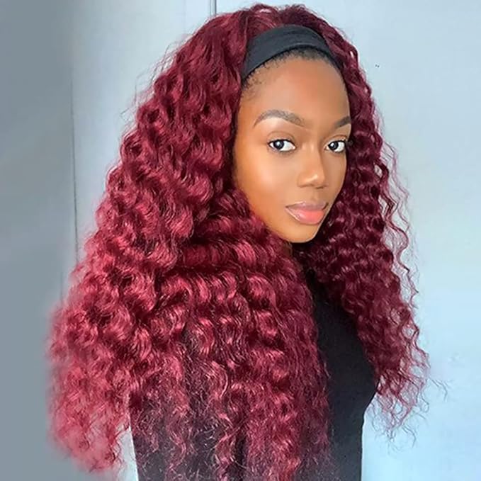 XSY Headband Wig Human Hair Deep Wave 99J Red Burgundy Human Hair Headband wigs for women Glueless None Lace Front Wig Machine Made 150% Density 22 Inch
