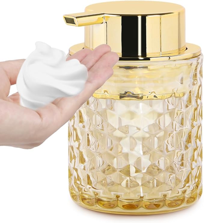 Amber Foaming Soap Dispenser, Glass Soap Dispenser with Gold Pump, Bathroom Refillable 10 Oz Lotion Shampoo Pump Container Vintage Diamond Bottle for Bathroom and Kitchen