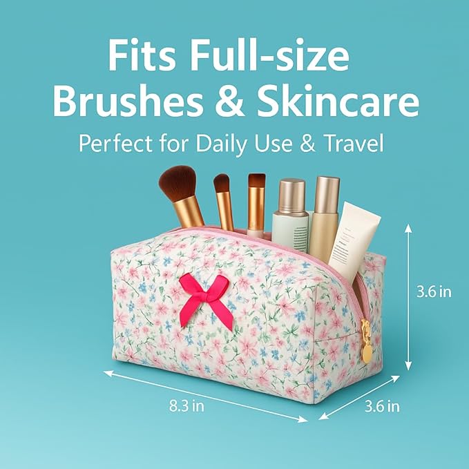 Floral Quilted Cotton Makeup Bag for Women, Large Capacity Travel Cosmetic Pouch with Zipper, Cute Toiletry & Brush Organizer, Kawaii Makeup Storage Case – Rose Red Floral