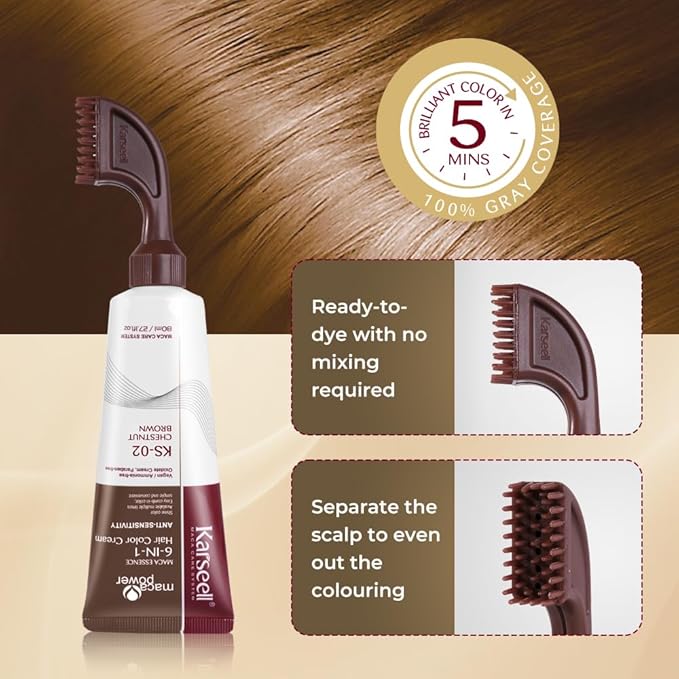 Karseell Hair Dye with Comb Applicator, Maca essence 6-IN-1 Ammonia Free No Mix Hair Color for 100 Percent Gray Coverage Hair Dye, 80ml-Brown