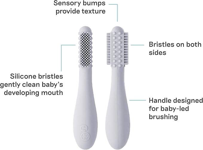 ezpz Baby-Led Toothbrush (Pewter) - 3 Months + - 100% Silicone Infant Toothbrush with Sensory Bumps - Cleans Gums + New Teeth - Improves Hand-to-Mouth Coordination, Self-Feeding Skills