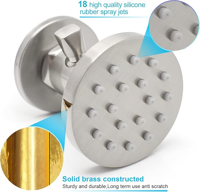 Brass Shower Body Jets with Adjustable Flow, Massage Spa Brushed Nickel Round Body Spray Shower Side Wall Sprayer Head Jets, 4 pcs, Water Saving