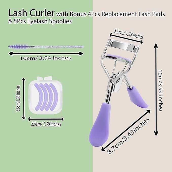 BenePoint Eyelash Curler, Lash Curler with Bonus 4Pcs Replacement Lash Pads& 5Pcs Eyelash Spoolies, Eyelash Curler Kit Portable Travel Eyelash Curler for Eyelash Extension (Purple)