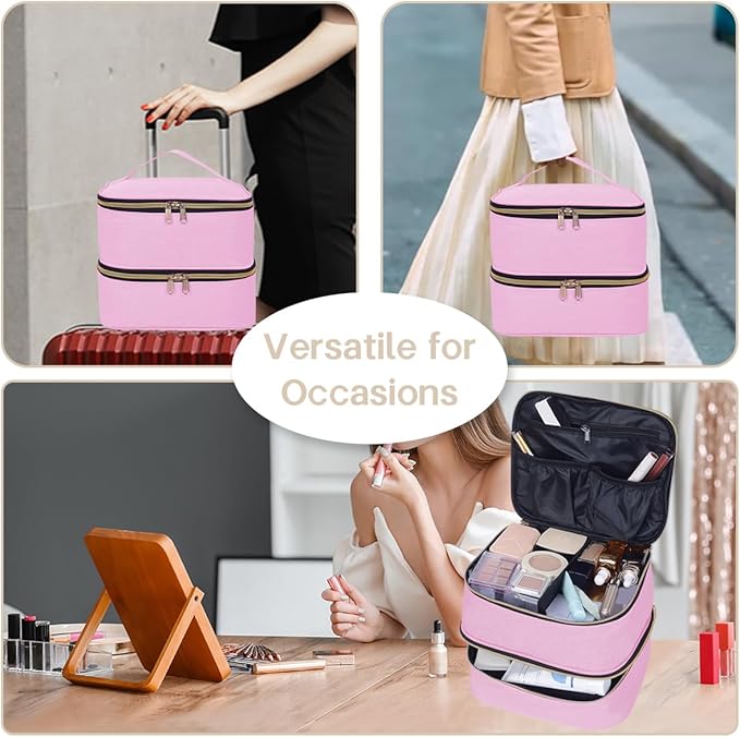Double Layer Makeup Bag Portable Large Cosmetic Case Organizer with Adjustable Dividers Storage Travel Bag for Accessories Brushes Conditioner and Skin Care Products (Pink Gold)