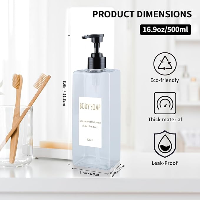 Shampoo and Conditioner Dispenser (Set of 2, 16.9oz) Modern Refillable Shampoo Pump Bottles for Shower Soap - Empty Body Wash Dispenser Set for Bathroom (Transparent)