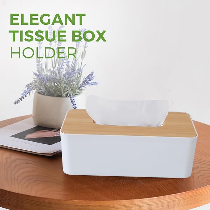 Tissue Box Cover, Rectangle Tissue Box Holder with Bamboo Cover Plate for Bathroom Bedroom, Decorative Tissue Box Covers for Home Decor Office, White