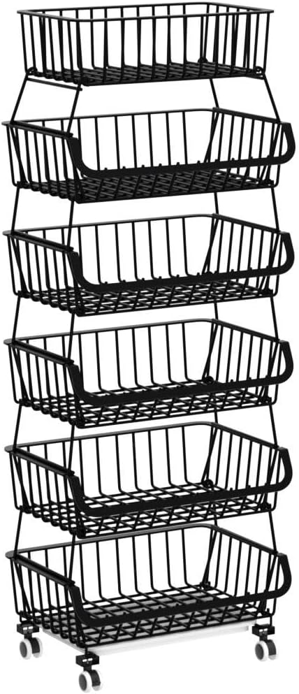 Metal Wire Baskets with Wheels, Stackable Storage Bins Kitchen Organizer Shelf 3-4-5-6 Tier Fruit Vegetable Cart Dishes Seasonal Rack Shelves for Garage, Pantry, Bathroom