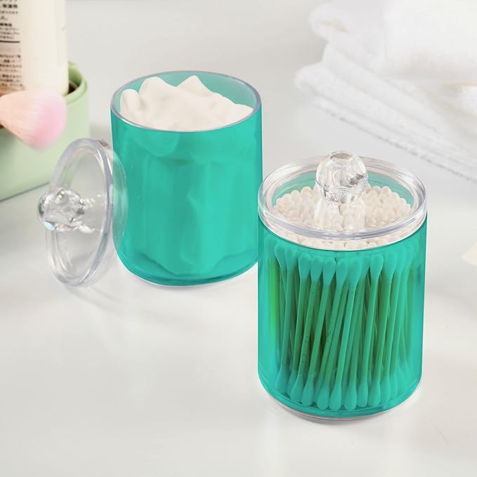 Turquoise Qtip Holder Organizer Dispenser Cotton Swabs Cans Plastic Jars with Lid Set 4 Pack Bathroom Storage Canister for Cotton Ball Floss Cotton Pads
