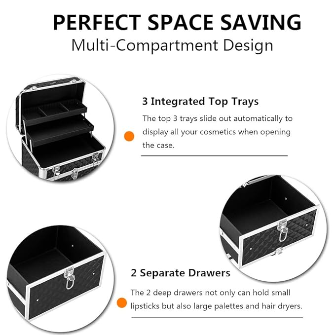 mefeir Aluminum Rolling Makeup Train Case, Portable Makeup Organizer Suitcase, Cosmetic Storage Box, Travel Beauty Luggage Trolley Lockable w/4 Removable Wheels & 2 Sliding Drawers (Black)