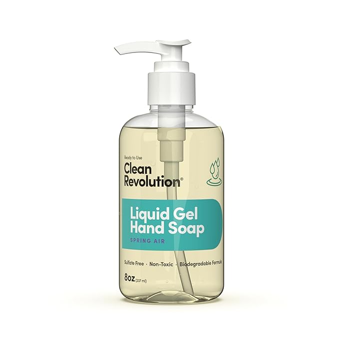 Clean Revolution Liquid Gel Hand Soap, Silky Rich Liquid, Quick Lather, Fast Rinsing, Contains Real Essential Oils (Spring Air) 8 Fl Oz (Pack of 6)