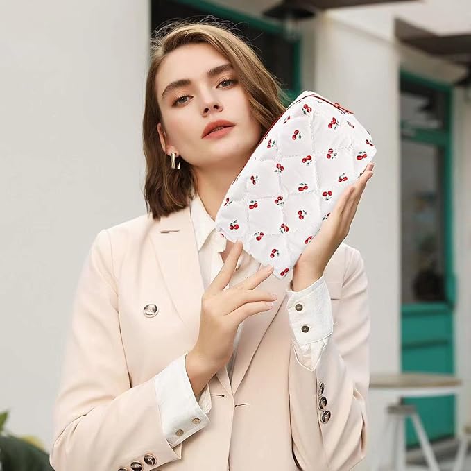 Floral Makeup Bag,Floral Quilted Makeup Pouch,Large Cosmetic Bag,Fashionable Travel Makeup Pouch, Cute Cherry Make up Bag,Puffy Coquette Makeup Bag, Attractive Quilted Make up Bag