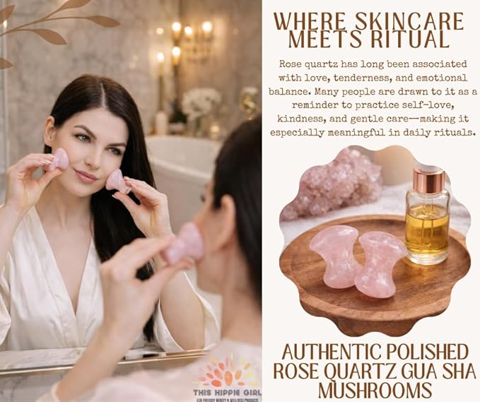 This Hippie Girl Gua Sha Mushroom Set, Jaw Sculpting Tools, A+ Rose Quartz Facial Toning and Yoga Sculpt Massage Tool, 2 Gua Sha Mushrooms for Skin and Facial Treatment, Facecare Tools