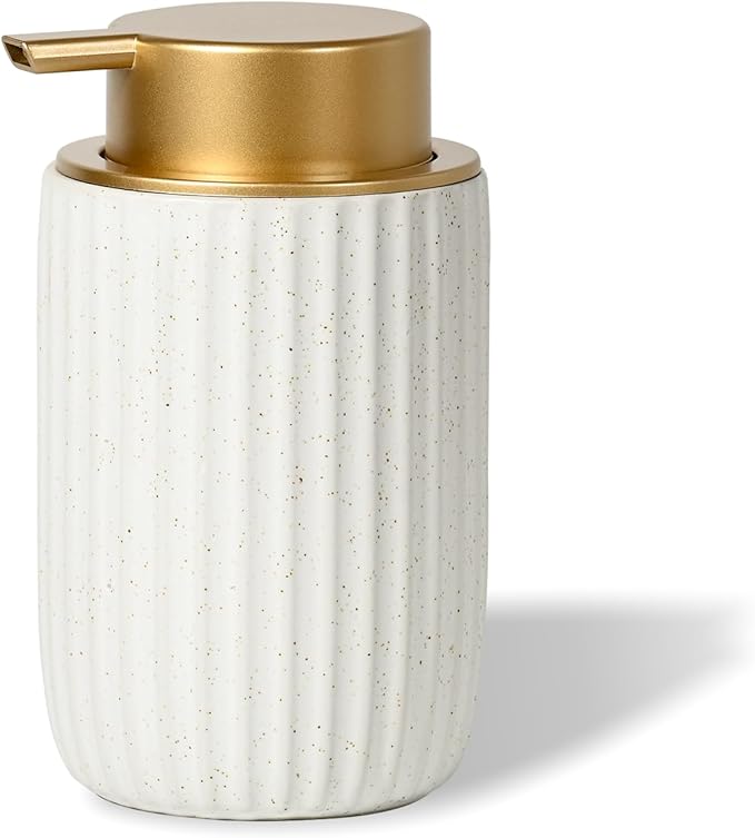 Speckled Matte White Ceramic Foam Soap Dispenser, 12 oz Refillable Pump with Golden Top, Elegant Foaming Dispenser for Bathroom or Kitchen, Speckled White