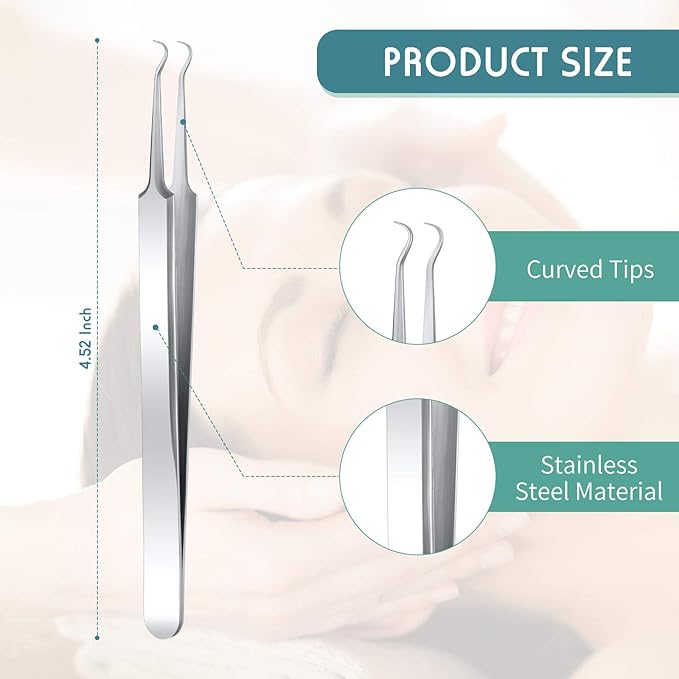 Honoson 3 Pcs Blackhead Tweezer Stainless Steel Pimple Tweezers Extractor Tool for Remove Zit Whitehead Pimple Bend Curved Tweezer Skin Blackhead Remover Tools(Silver)