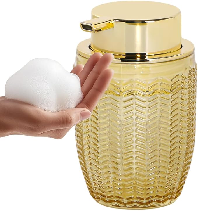 Foaming Soap Dispenser, Glass Foam Hand Soap Dispenser with Pump, 10 Oz Bathroom Refillable Liquid Lotion Pump Creamy Foam Bottle Container for Kitchen Countertop Decor (1, Amber and Gold)