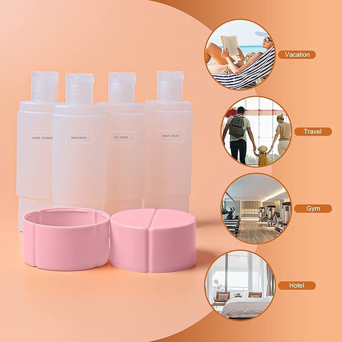 Olatay 4-in-1 Leak-Proof Bottle, 4 * 60ml/2oz, with 2 Pre-printed Labels for Travel Gym Camping, Carry-On Travel Size Toiletries Shampoo Lotion Bottle