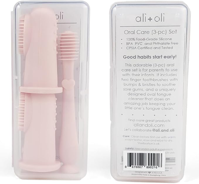 Ali+Oli Baby Oral Care Set (Blush) - Dual-Sided Finger Toothbrush x2, Tongue Scraper, Protective Case - BPA, Phthalate, PVC Free - Food-Grade Baby Care Products for Infants