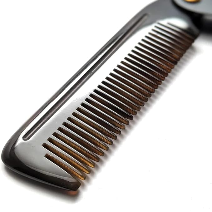 Badass Beard Care 2-IN-1 Folding Ox Horn Comb with Stainless Steel Body and Genuine Leather Protective Case