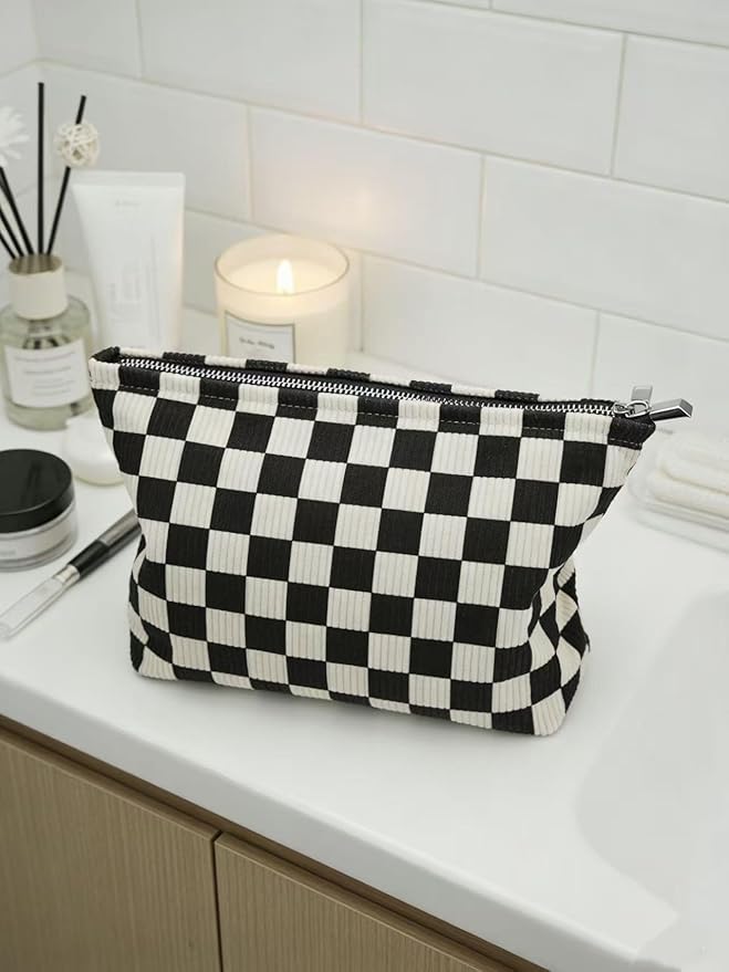 Black and White Checkered Makeup Bag Set of 2, Corduroy Cosmetic Pouch for Women, Travel Toiletry Bag with Zipper