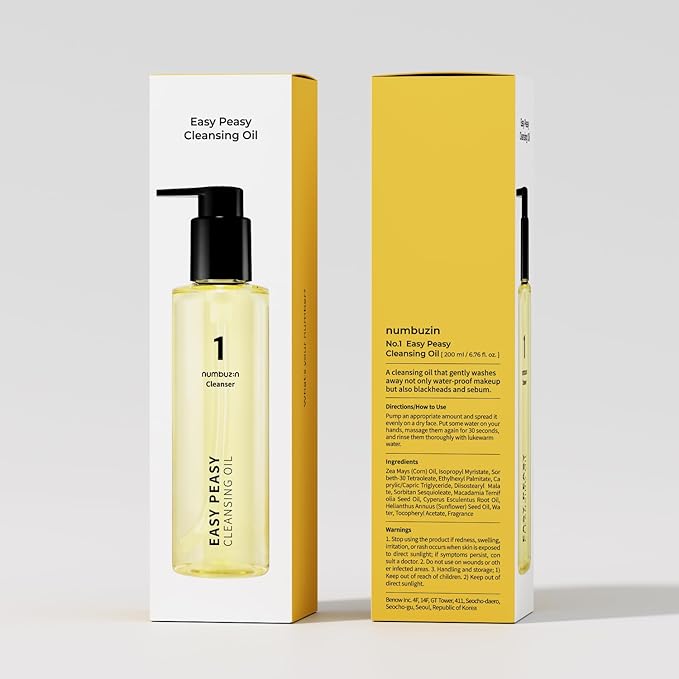 numbuzin No.1 Easy Peasy Cleansing Oil, Lightweight Makeup Remover & Facial Cleanser, Waterproof Makeup & Blackhead Care, Corn & Macadamia Seed Oil, Fragrance-Free, 6.76 fl oz