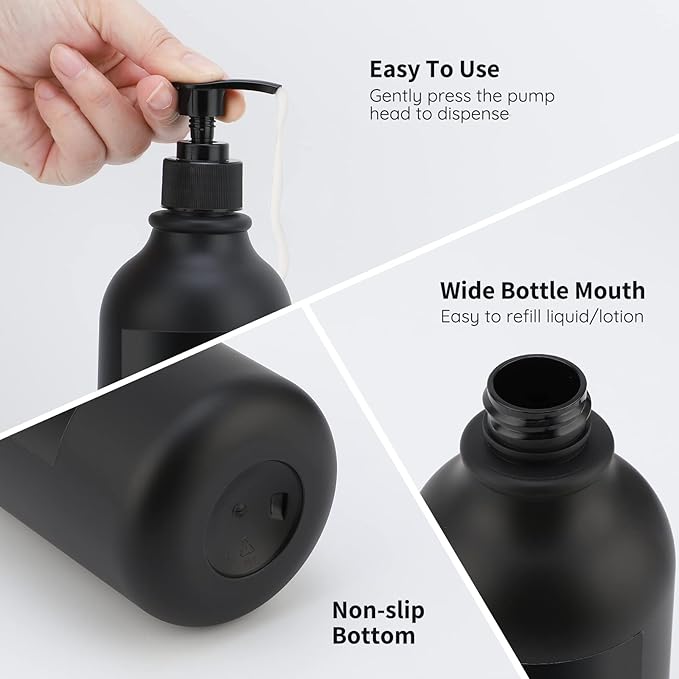 Segbeauty Matte Black Shampoo Dispenser, 2pcs 16.9oz Empty Refillable Pump Bottle with Labels, 500ml Plastic Press Lotion Dispenser Bathroom Shower Containers for Conditioner Body Soap Hand Soap