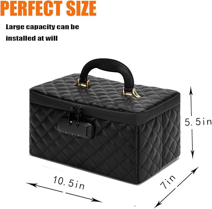 Portable makeup box with Lock, Large Capacity Travel Makeup Case Organizer, Makeup Bags for Girls Traveling With Handle and Divider Makeup Bag (Black)