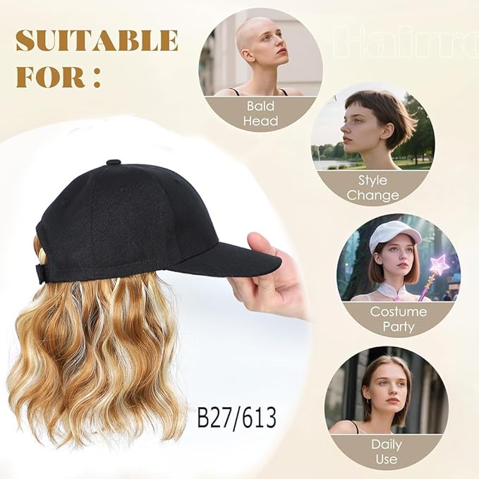 GUOJIAN Hat Wigs for Women 6' Short Wave Baseball Cap Wigs with Curly Hair Extensions Synthetic Wave Wig Adjustable Hat with Hair Attached for Daily Use (B27/613, 6inch)