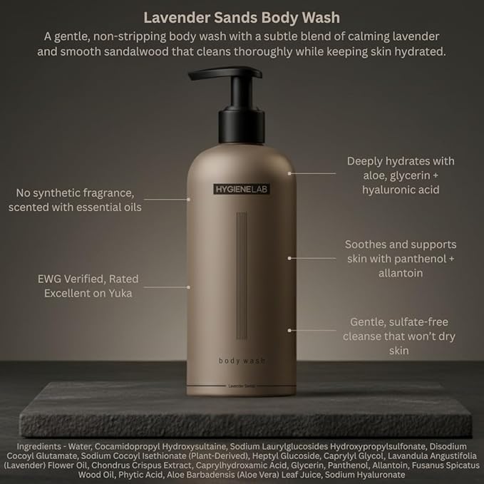 HygieneLab Mens Natural Body Wash - Ultra Hydrating, EWG Verified Clean Formula, Lavender Sands Scent, Sulfate-Free, Paraben-Free, Phthalates-Free, Gentle & Effective for Healthy Skin (10 oz)