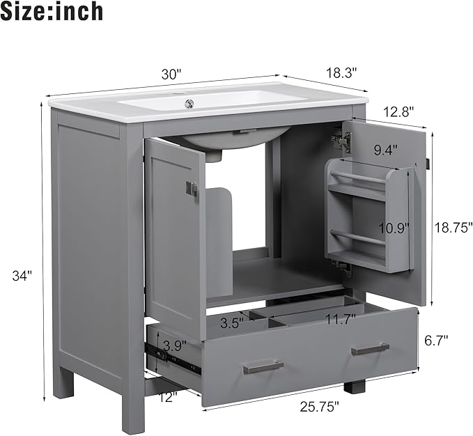 Bellemave 30" Bathroom Vanity with Sink Combo Set, Solid Wood Frame Bathroom Storage Cabinet with a Drawer, 2 Soft Closing Cabinet Doors with Organizer, Grey