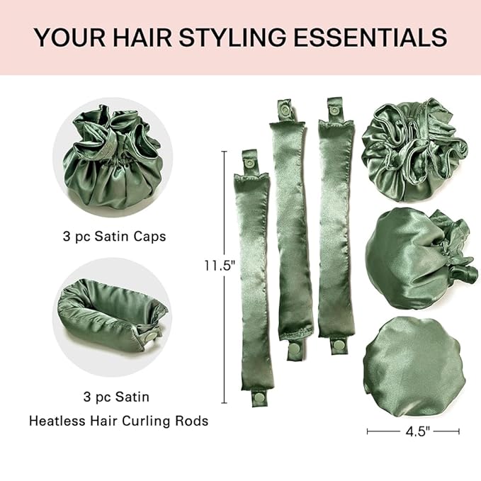 3Sets/6PCS Ariuvor New Satin Heatless Hair Curler,Hair Rollers for Heatless Curls with Hair Caps,Soft Heatless Curling Rod Headband for All Hair T,No Heat Curling to Sleep in Overnight (4-Olive green)