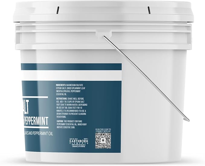 Earthborn Elements Spearmint & Peppermint Epsom Salt Foot Soak, 1 Gallon Bucket, Minty Aroma, with Real Spearmint Leaves (8 Pounds)