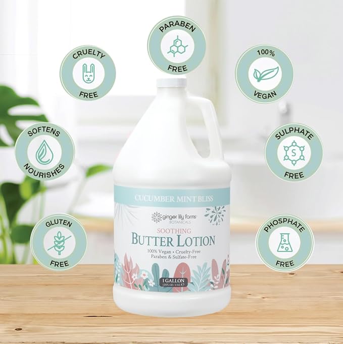 Ginger Lily Farms Botanicals Soothing Butter Lotion for Dry Skin, 100% Vegan & Cruelty-Free, Cucumber Mint Bliss Scent, 1 Gallon (Pack of 4)