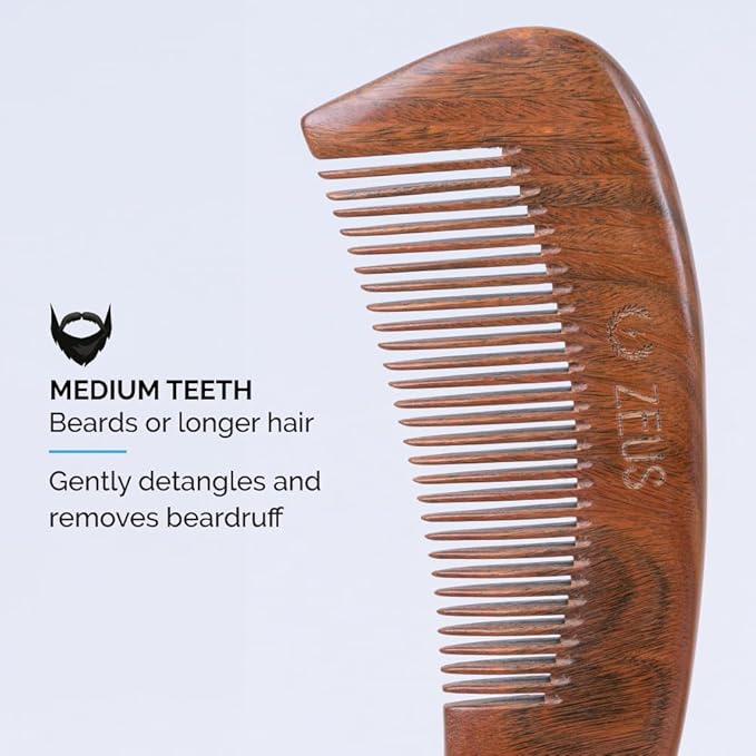 ZEUS Curved Sandalwood Beard Comb in Gift Box, Premium Grooming Essential with Sheath for Men’s Beard & Hair (M31)