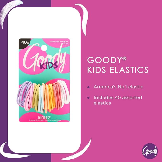 Goody Kids Ouchless Hair Elastics – No Pull, No Breakage, Tangle-Free Hold for Fine Hair – 40 Count, Assorted Colors, Long-Lasting Ponytail Holders for Girls & Boys (Pack of 2)