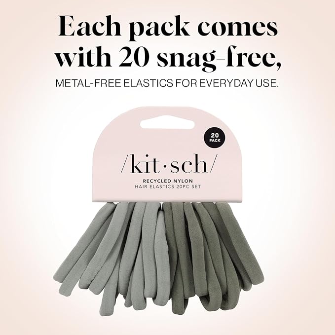 Kitsch Nylon Hair Ties No Damage - Stretchable Hair Bands for Strong All-Day Hold, Ponytail Holders | Hair Accessories for Girls | Ideal Gifts for Women - Eucalyptus, 20 Pcs
