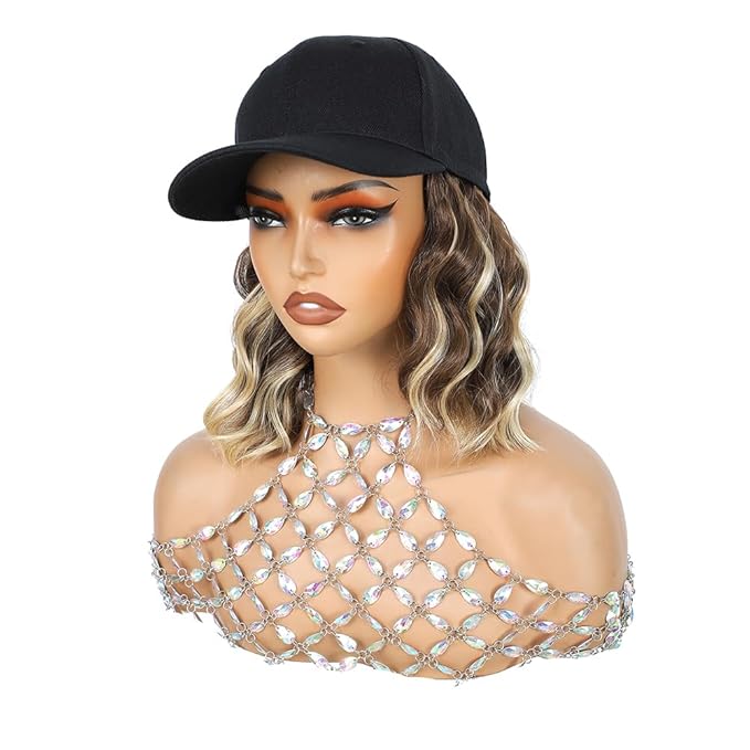 GUOJIAN Hat Wigs for Women 6' Short Wave Baseball Cap Wigs with Curly Hair Extensions Synthetic Wave Wig Adjustable Hat with Hair Attached for Daily Use (8B/613, 6inch)