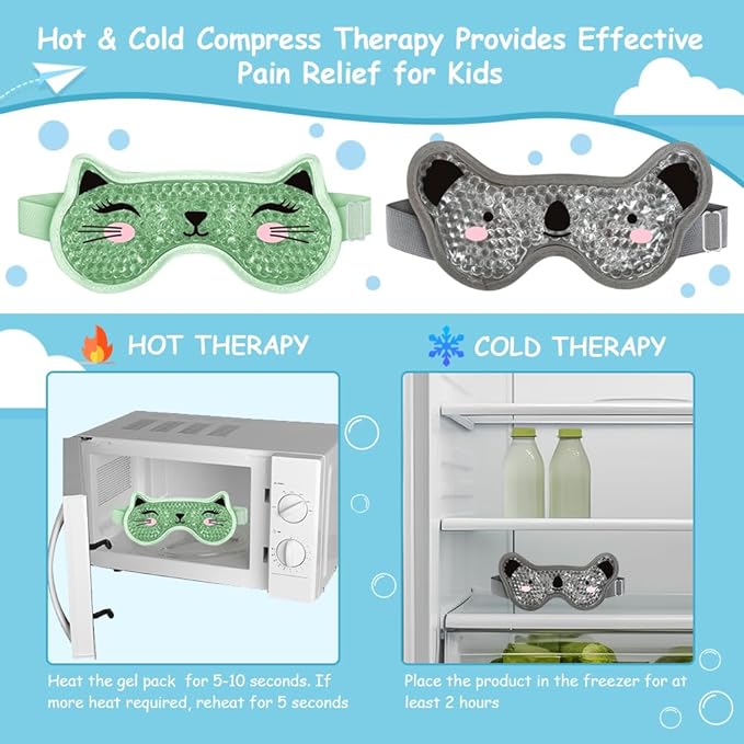 Kids Ice Packs 2 Packs Cooling Eye Mask with Soft Plush Backing for Children Boo Boos Sinus Headache Fever Patch for Kids (Green+Grey)