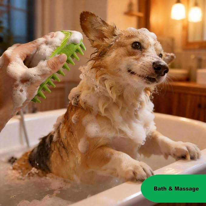 Rubber Curry Brush for Dog & Cat, Soft Curry Comb with Long Pins, Pet Silicone Brush for Short & Long Hair, Use Wet as Bath Scrubber or Dry for Grooming