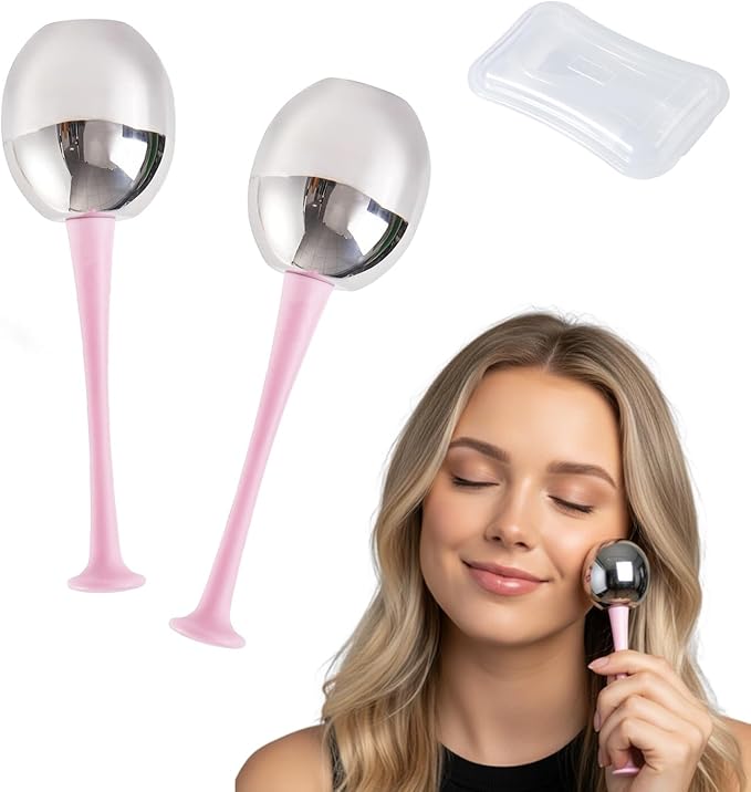 2 PCS Ice Globes for Face Massage with 1 Storage Case, Pink Facial Cooling Globes Roller for Skin Care, Beauty Tools Face Care for Puffiness, Relaxing Massaging Spa at Home
