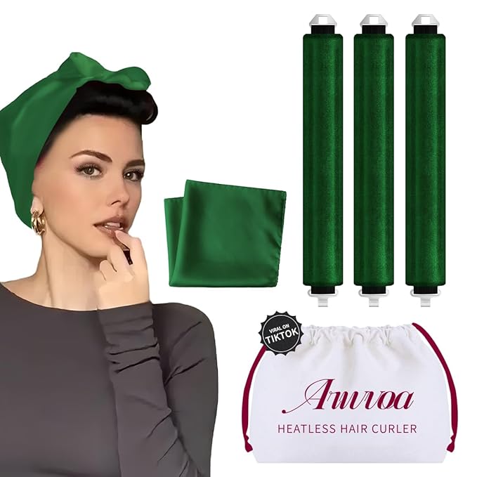 Heatless Hair Curler Heatless Curls Overnight Heatless Blowout with Luxury Cloth Bag Silk Scarf, Curling Rod Headband to Sleep in No Heat Curling with (Green, 3Rods)